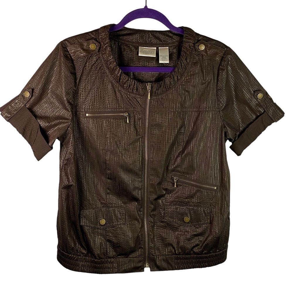 Zenergy by Chico's Women's Jacket Size 1 Brown Short Sleeve Full Zip Moto